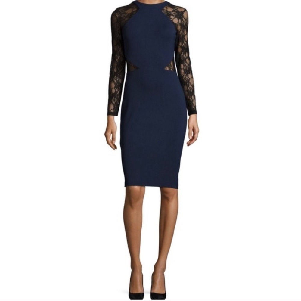 French Connection Viven Semi Sheer Lace Bodycon Dress Navy